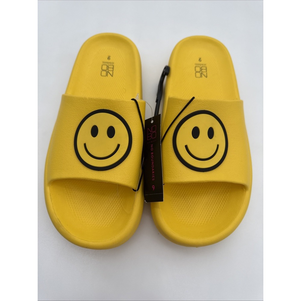 No Boundaries Womens Emoji Comfort Slide Sandals Yellow Smiley Face Size 9 NWT